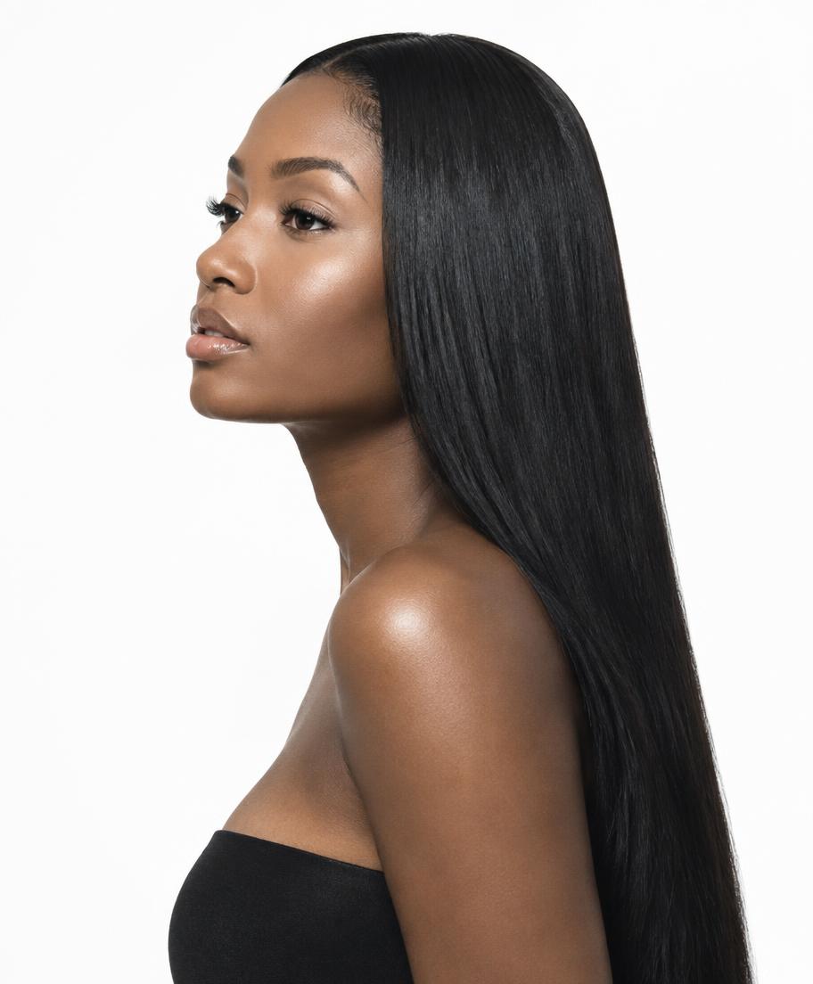 Her Luxe Models hair model with a long, glossy invisible sew-in